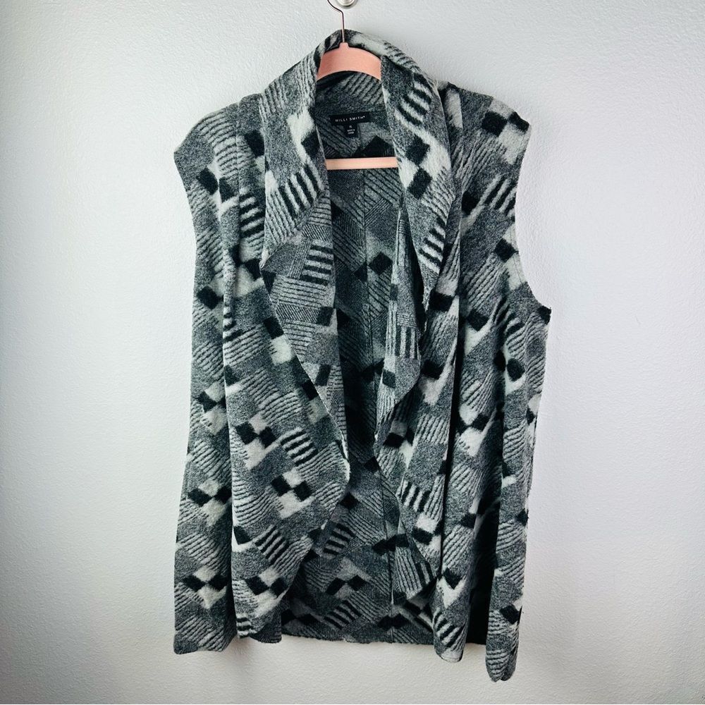 Willi Smith Black Gray Wool Blend‎ Open Vest Cardigan Size XL